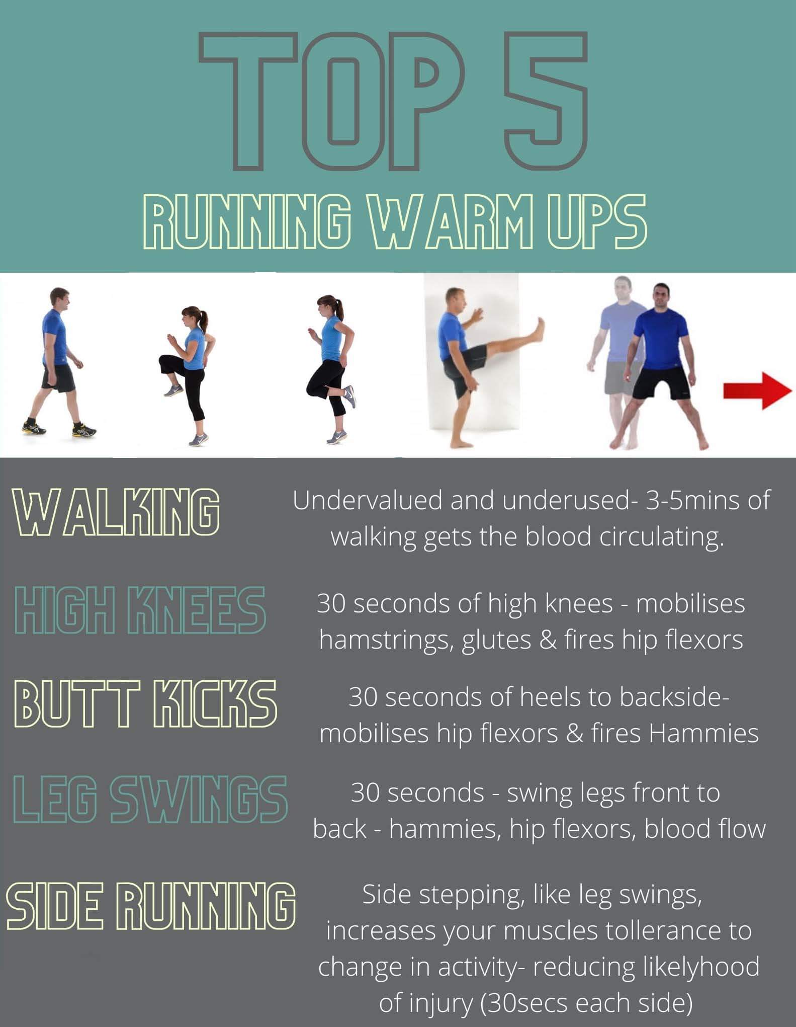 Illustrations of dynamic stretching exercises like leg swings